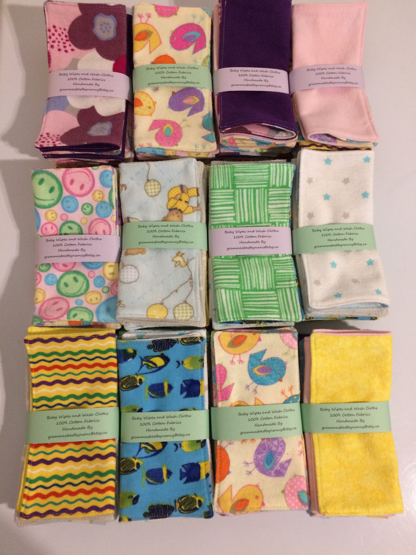 Washcloths/Wipes, Flannelette, Reversible, Environmentally Safe, 100% Cotton, Handmade, Gift, Baby, Facial Cleansing, Eco-Friendly, Re-Usable