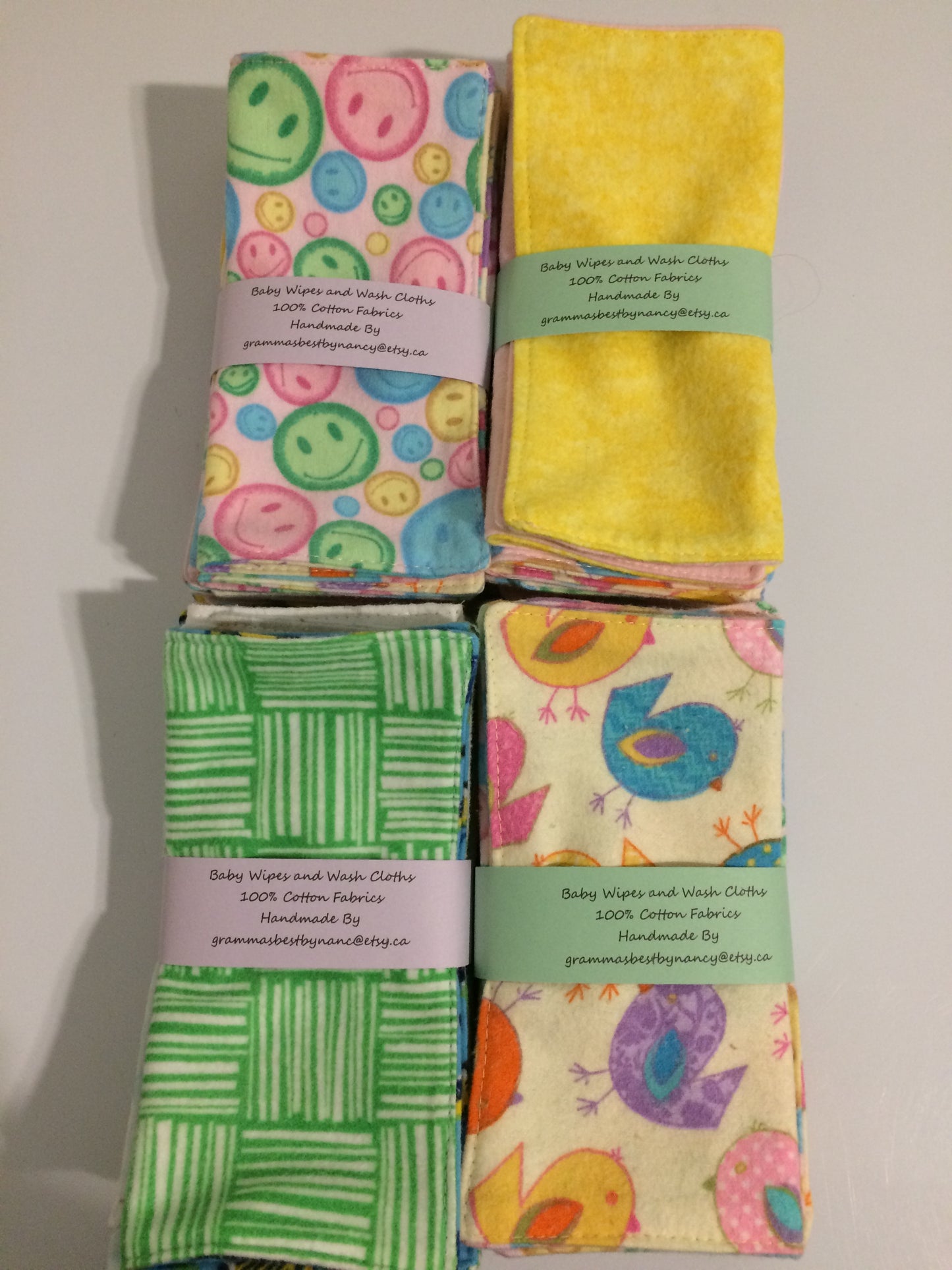 Girls' Washcloths/Wipes, Flannelette, Reversible, Environmentally Safe, 100% Cotton, Handmade, Gift, Baby, Facial Cleansing, Eco-Friendly, Re-Usable