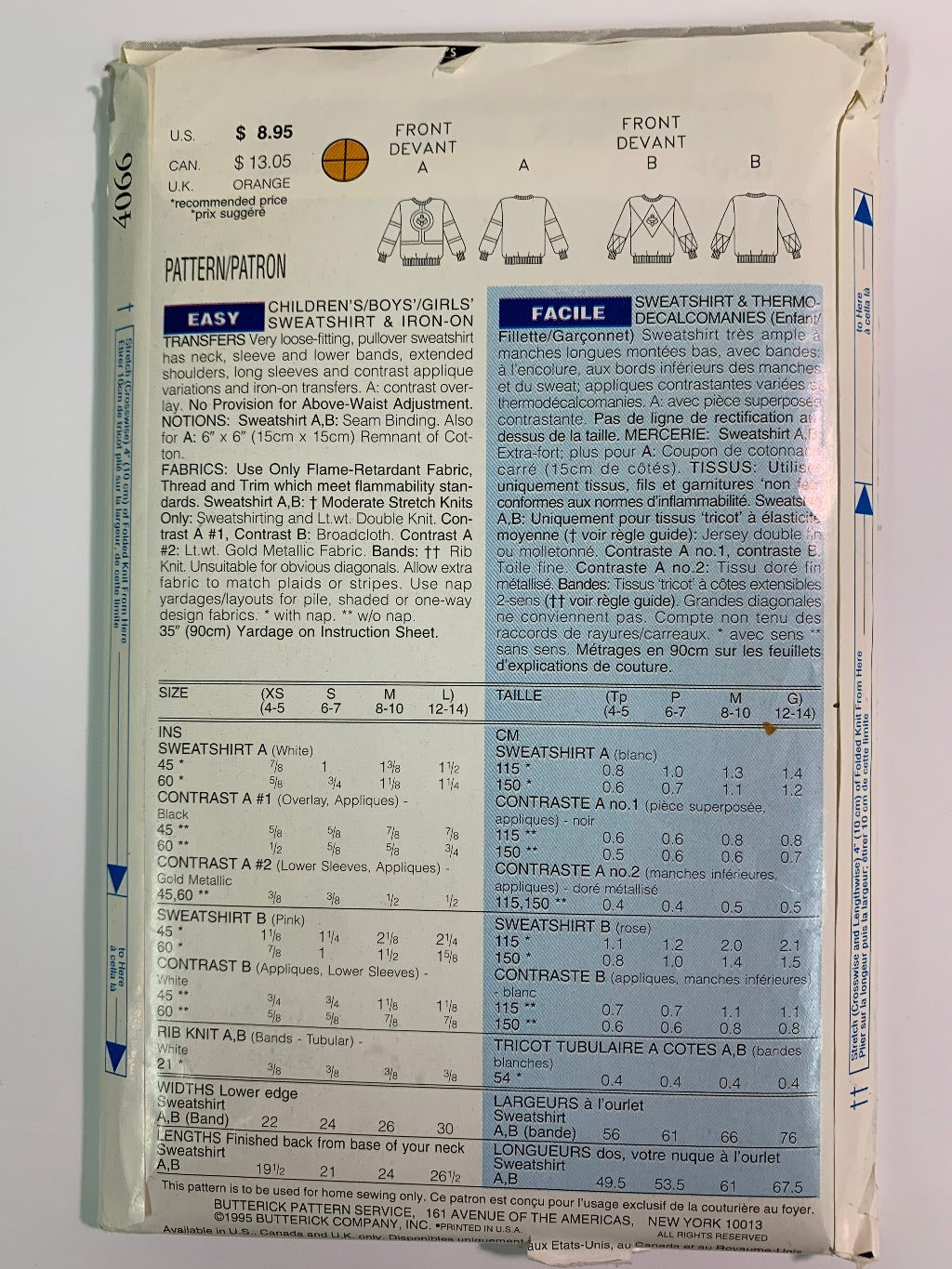 Butterick 4066, Children's, Boys, Girls, Top, Sweatshirt, & Iron On Transfers, Size 4-14, Uncut, Vintage 1995