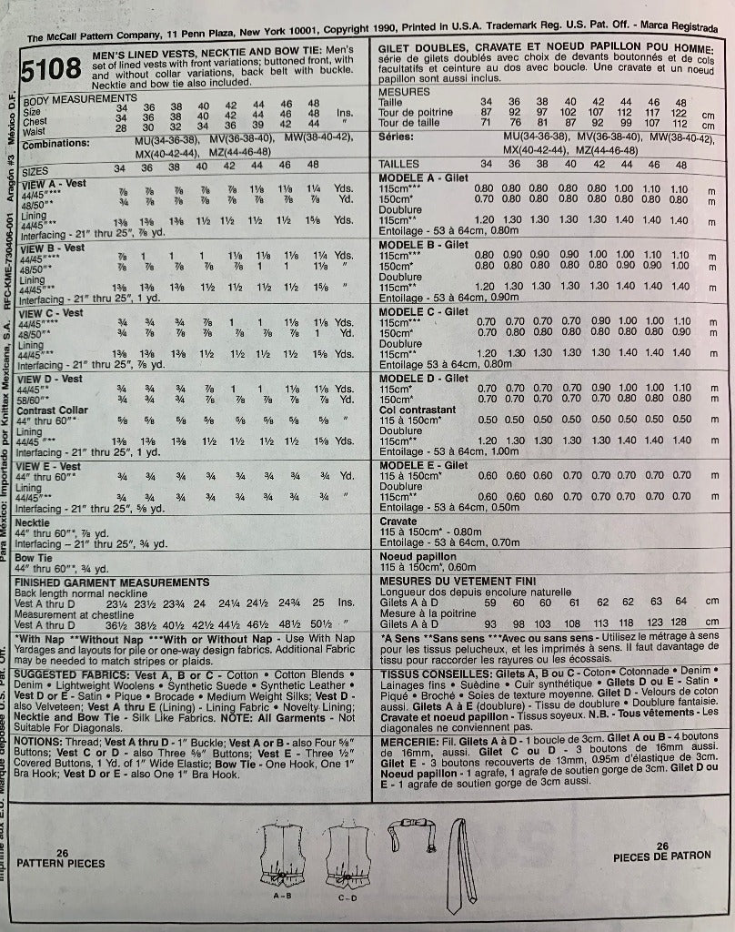 McCall's 5108, Men's Lined Vests, Necktie, Bow Tie, Size 36-40, Uncut