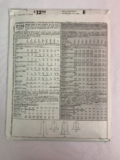 McCall's Sewing Pattern 2129 Misses' Skirt, Zipper, Two Lengths, Waistline, Back Zipper, Darts, 9 Variations, Cut, Size 8-12, Vintage 1999