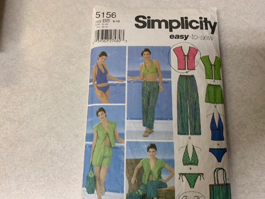Simplicity Sewing Pattern 5156 Misses' Cropped Pants, Shorts, Cover-Up, Bag, Swimsuits, Bikini, Two Piece, Elastic Waist, Size 8-18, Uncut, 2004