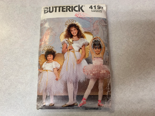 Butterick Sewing Pattern 4197 Girls' Costumes, Dress, Panties, Wings, Wand, Halloween, Sleeves, Fitted, Ruffles, Size 4-14, Uncut, Vintage 1989