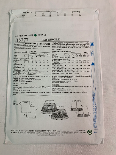Butterick Sewing Pattern B5777 Girls' Top, Skirt, Shorts, Pullover, Elastic Waist, Pull-on, Short Sleeves, Ruffles, Size 6-8, Uncut, 2012