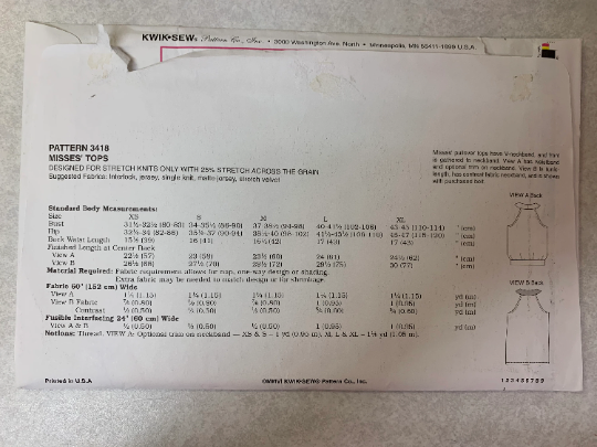 KWIK Sewing Pattern 3418 Misses' Tops, Pullover, V-Neckband, Gathered Front, Waistband, Sleeveless, Two Lengths, Tunic, Size XS-XL, Uncut, 2006