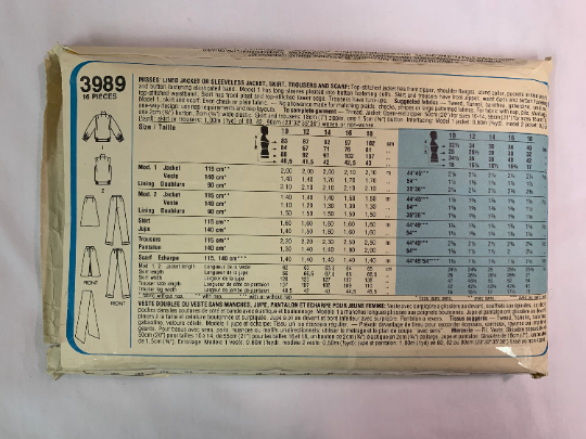 Style Sewing Pattern 3989 Misses' Lined Jacket, Vest, Pants, Scarf, Skirt, Front Zipper, Collar, Pockets, Cuffs, Size 12, Cut, Vintage 1983