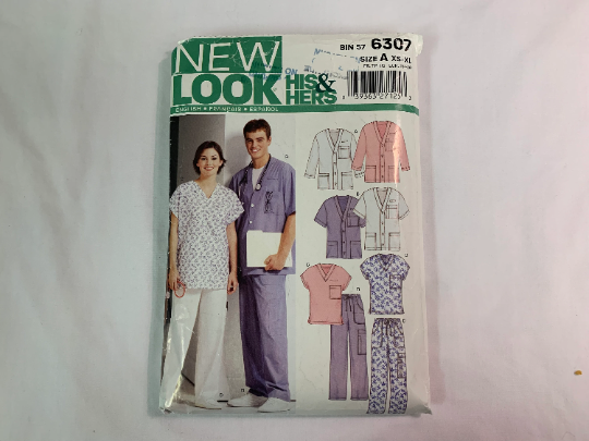 Simplicity New Look Sewing Pattern 6307 Medical Hospital Scrubs, Top, Shirt, Pants, Jacket, Pockets, Front Button, Tie Waist, V-Neckline, Size 30-32, Cut, 2003