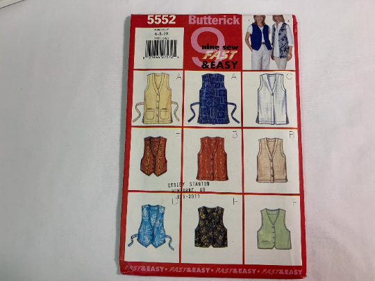 Butterick Sewing Pattern 5552 Misses'/Misses' Petite Unlined Vest, Semi-Fitted, Pockets, Two Lengths, Side Slits, Sleeveless, Button Front, Size 6-10 Uncut, Vintage 1998
