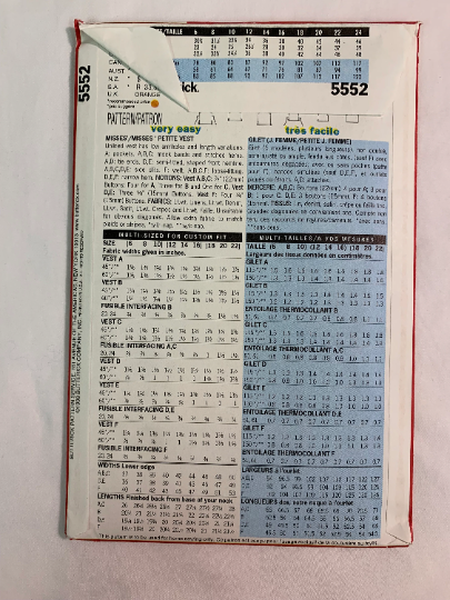 Butterick Sewing Pattern 5552 Misses'/Misses' Petite Unlined Vest, Semi-Fitted, Pockets, Two Lengths, Side Slits, Sleeveless, Button Front, Size 6-10 Uncut, Vintage 1998