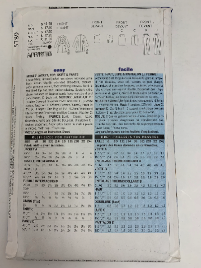 Butterick Sewing Pattern 5789 Misses' Jacket, Top, Skirt, Pants, Loose-Fitting, Long Sleeves, Sleeveless, Shoulder Pads, Size 8-12, Uncut, Vintage 1998