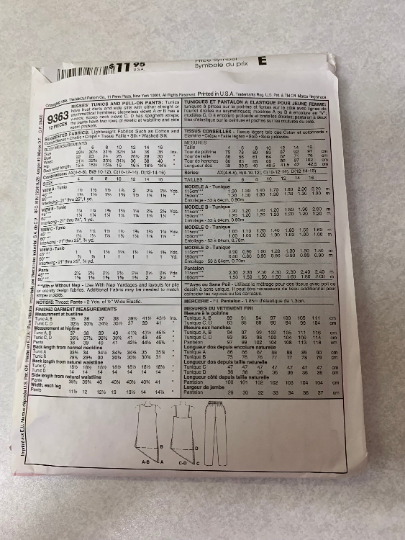 McCall's Sewing Pattern 9363 Misses' Tunics, Pull-On Pants, Two Lengths, Darts, Sleeveless, Spaghetti Straps, Pockets, Size 8-12, Uncut, Vintage 1998