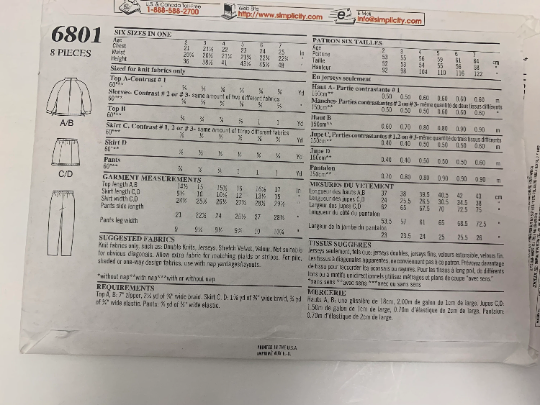 Simplicity New Look Sewing Pattern 6801 Girls' Tops, Sweatshirt, Skirt, Zipper, Loose-Fitting, Elastic Waist, Pull-On, Size 2-7, Uncut, Vintage 1999