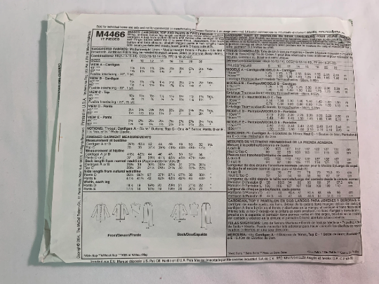 McCall's Sewing Pattern M4466 Misses' Cardigan, Top, Pants, Two Lengths, Loose-Fitting, Button Front, Sleeve Variations, Size 8-14, Uncut, 2004
