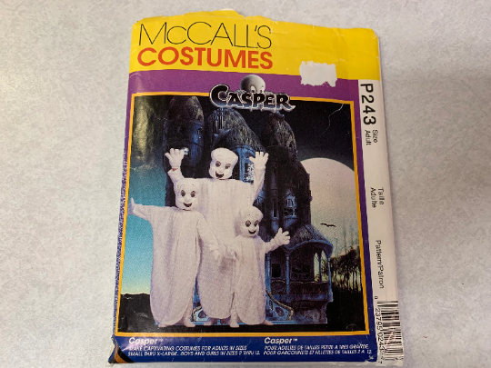McCall's Sewing Pattern P243 Adult's Costume, Casper, Head, Body, Gloves, Ghost, Halloween, Party, Adults Size S-XL, Uncut, Vintage 1995