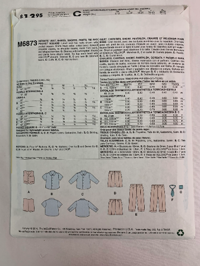McCall's Sewing Pattern M6873 Infants' Lined Vest, Shirts, Shorts, Pants, Tie, Pocket Square, Boys, Collar. Size NB-X-L, Cut. 2014
