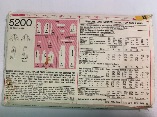 Simplicity Sewing Pattern 5200 Misses' Shirt, Top, Pants, Long Sleeves, Collar, 5 Variations, Zipper, Button Front, Size 12, Cut, Vintage 1972