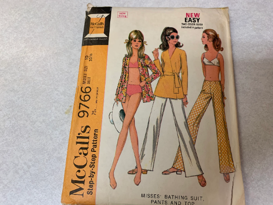McCall's Sewing Pattern 9766 Misses' Bathing Suit, Fitted Pants, Top, Long Sleeves, Two Piece, Shoulder Straps, Wrap, Size 10, Cut, Vintage 1969