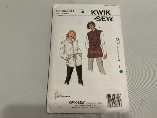 KWIK Sewing Pattern 2731 Misses' Vest, Collar, Pockets, Long Back, Lining, Zipper, Teens, Sleeveless, Drawstring Waist, Size XS-XL, Cut, Vintage 1998