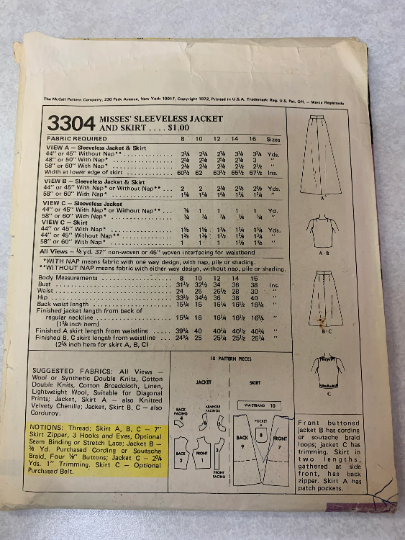 McCall's Sewing Pattern 3304 Misses' Sleeveless Jacket, Skirt, Two Lengths, Front Button, Zipper Back, Pockets, Size 10, Cut, Vintage 1972