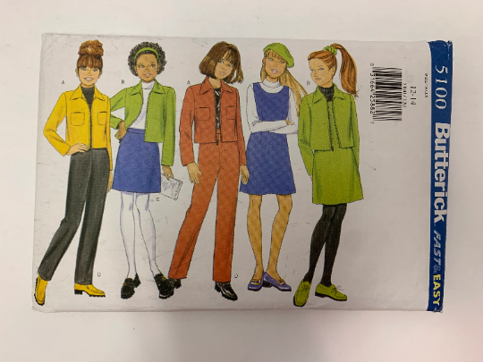 Butterick Sewing Pattern 5100 Girls' Jacket, Jumper, Skirt, Pants, Semi-Fitted, Zipper, Long Sleeves, Pockets, Size 12-14, Cut, Vintage 1997
