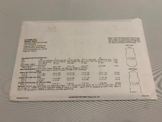 KWIK Sewing Pattern 2731 Misses' Vest, Collar, Pockets, Long Back, Lining, Zipper, Teens, Sleeveless, Drawstring Waist, Size XS-XL, Uncut, Vintage 1998