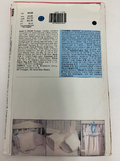 Butterick Sewing Pattern 4689 Baby's Room, Canopy, Dust Ruffle, Coverlet, Change Table Cover, Bumpers, Pillow, Diaper Bag, Uncut, Vintage 1987
