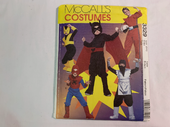 McCall's Sewing Pattern 3329 Children's/Boy's Costumes, Halloween, Jumpsuit, Super Hero, Batman, Spiderman, Race Car Driver, Size 3-6, Uncut, 2001