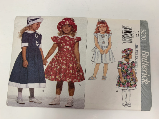 Butterick Sewing Pattern 3270 Girls' Dress, Two Lengths, Collar, Semi-Fitted, Dirndl Skirt, ,Ruffles, Zipper, Tie Ends, Size 2-4, Uncut, Vintage 1994