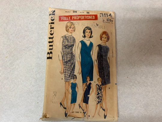 Butterick Sewing Pattern 3114 Misses' Jumper, Dress, Sleeveless, Zipper, Below Knee Length, Round/V Neck, Darts, Tie, Size 14, Cut, Vintage 1970