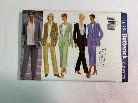 Butterick Sewing Pattern 5835 Misses' Jacket, Skirt, Pants, Scarf, Loose-Fitted, Long Sleeves, Shoulder Pads, Zipper, Size 8-12, Uncut, Vintage 1998
