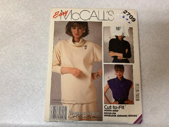 McCall's Sewing Pattern 2709 Misses' Tops, Stretch Knits Only, Pullover, Collar, Two Lengths Size 16-20, Uncut, Vintage 1986