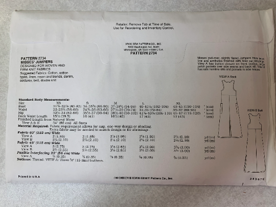 KWIK Sewing Pattern 2734 Misses' Dresses, Jumpers, Two Lengths, Pockets, Round Neckline, Size XS-XL, Uncut, Vintage 1998
