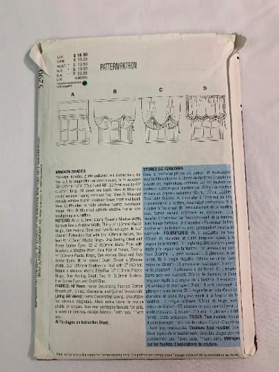 Butterick Sewing Pattern Waverly 5290 Window Shades, Coverings, 4 Variations, Awning, Curtains, Swag, Shirred Balloon, Narrow, Austrian, Uncut, Vintage 1997