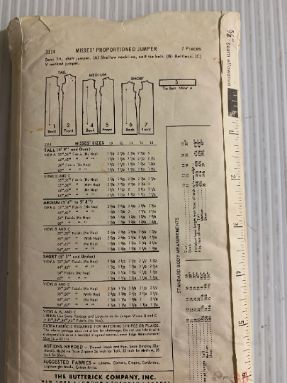 Butterick Sewing Pattern 3114 Misses' Jumper, Dress, Sleeveless, Zipper, Below Knee Length, Round/V Neck, Darts, Tie, Size 14, Cut, Vintage 1970