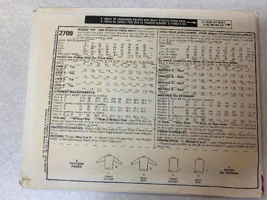 McCall's Sewing Pattern 2709 Misses' Tops, Stretch Knits Only, Pullover, Collar, Two Lengths Size 16-20, Uncut, Vintage 1986