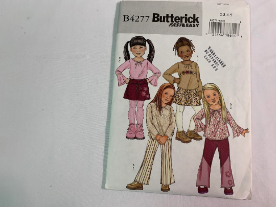 Butterick Sewing Pattern B4277 Girls' Top, Skirt, Pants, Belt, Long Flounce Sleeves, Elastic Waist, Pull-On, 4 Variations, Above Knee, Size 2-5, Uncut, 2004