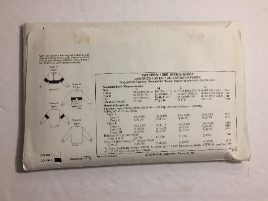 KWIK Sewing Pattern 1365 Men's Shirt, Size Pullover, Long Sleeves, 34-48, Cut, Vintage 1984