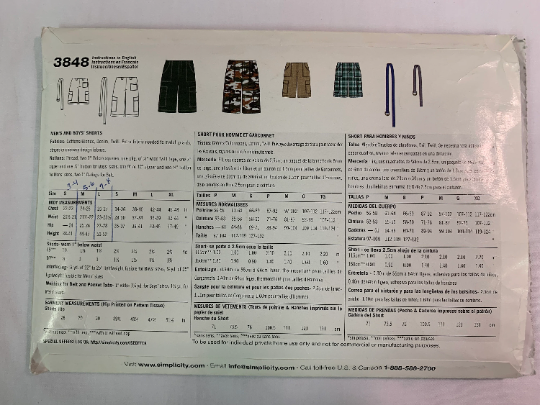 Simplicity Sewing Pattern 3848 Men's, Boy's, Shorts, Zipper Fly, Pockets, Boys' Size 3-6, Men's 34-40, Cut, 2004