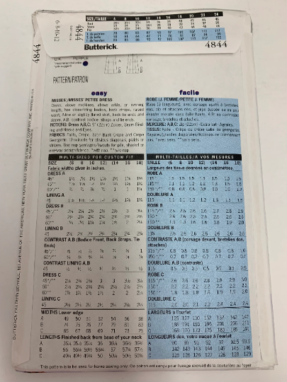Butterick Sewing Pattern 4844 Misses' Dress, Three Lengths, Zipper, Close Fitting, Flared Skirt, Raised Waist, Back Straps, Size 6-12, Uncut, Vintage 1997
