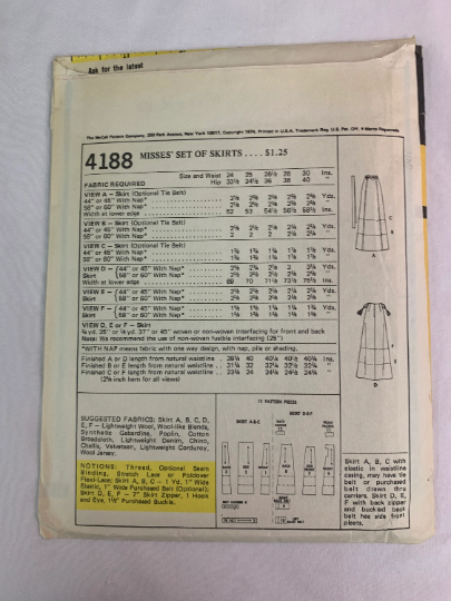 McCall's Sewing Pattern 4188 Misses' Skirts, Zipper, Waistband, 6 Variations, Pleats, Tie Belt, Waist 26 1/2 Inches, Cut, Vintage 1974