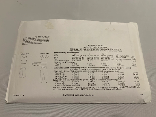 KWIK Sewing Pattern 1679 Misses' Tops, Tights, Extended Shoulders, Cap Sleeves, Sleeveless, Waistband, Two Lengths, Size XS-L, Cut, Vintage 1987