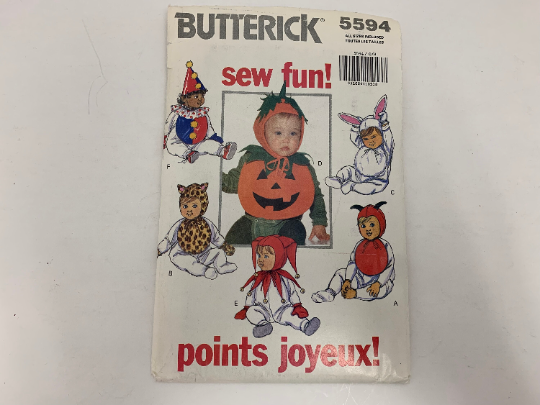 Butterick Sewing Pattern 5594 Infant's Costumes, Halloween, Pumpkin, Clown, Bunny, Tiger, Devil, Jester, Hoods, One Size, Uncut, Vintage 1991