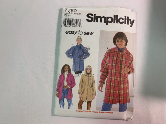 Simplicity Sewing Pattern 7760 Misses' Jacket, Coat, Shoulder Pads, Button/Toggle Front, Tie Collar, Long Dolman Sleeves, Hood, Size 6-16, Uncut, Vintage 1997