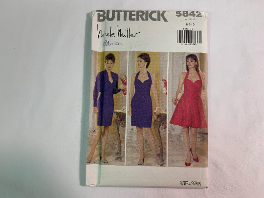 Butterick Sewing Pattern Nicole Miller 5842 Misses' Jacket, Dress Loose-Fitting, Lined, Shoulder Pads, Long Sleeves, Sleeveless, Full Skirt, Size 6-10, Uncut, Vintage 1991