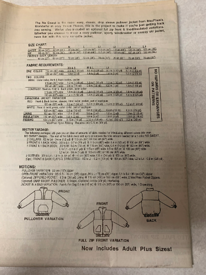 MacPhee Sewing Patterns Adult No Sweat Shirt, Jacket in A Bag 420, Unisex, Unlined, Pockets, Long Sleeves, Elastic Waist, Cuffs, Size XS-L4, Uncut, Vintage 1999