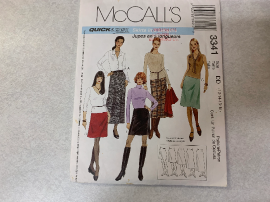 McCall's Sewing Pattern 3341 Misses' Teens, A-Line Skirts, Five Lengths, Darts, Zipper, Back Slit, Size 12-18, Uncut, 2001