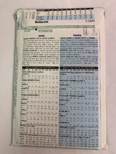 Butterick Sewing Pattern 5309 Misses'/Misses' Petite Jacket, Dress, Loose-Fitting, Lined, Shoulder Pads, Long Sleeves, Two Lengths, Sleeveless, Size 6-10, Uncut, Vintage 1997