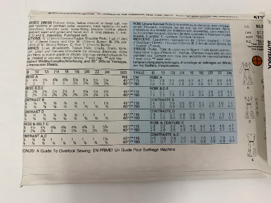 Butterick Sewing Pattern 4735 Misses' Dress, Pullover, Shoulder Pads, Loose-Fitting, Elastic Waist, Flared, Slit, Size 20-24, Uncut, Vintage 1987