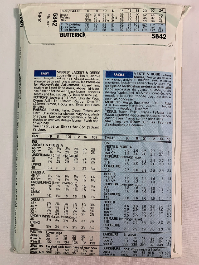 Butterick Sewing Pattern Nicole Miller 5842 Misses' Jacket, Dress Loose-Fitting, Lined, Shoulder Pads, Long Sleeves, Sleeveless, Full Skirt, Size 6-10, Uncut, Vintage 1991