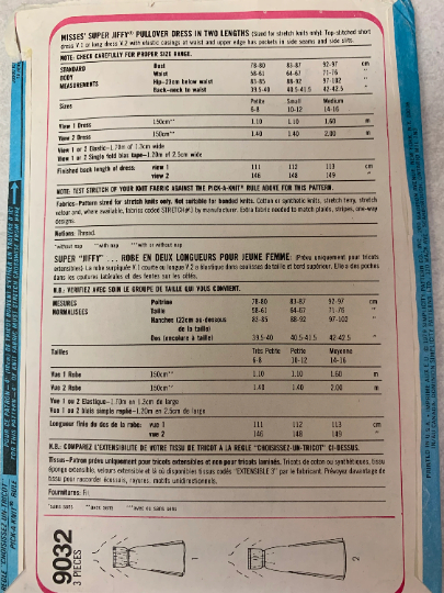 Simplicity Jiffy Sewing Pattern 9032 Misses' Dress, Pullover, Two Lengths, Sleeveless, Side Slit, Elastic Waist/Upper Edge, Pockets, Size 10-12, Cut, Vintage 1979